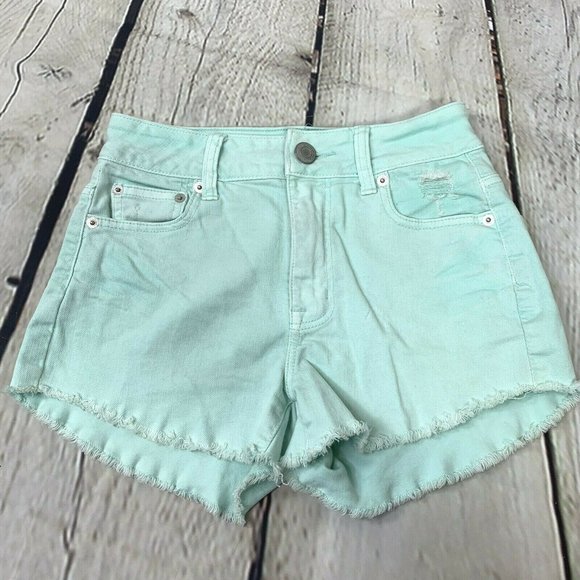 American Eagle Denim Shorts size 00 Mint Green Cut Off Fray Distressed High Rise - Picture 2 of 4
